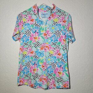 IBKUL Pink White Quarter Zip Short Sleeve Floral Print M Womens